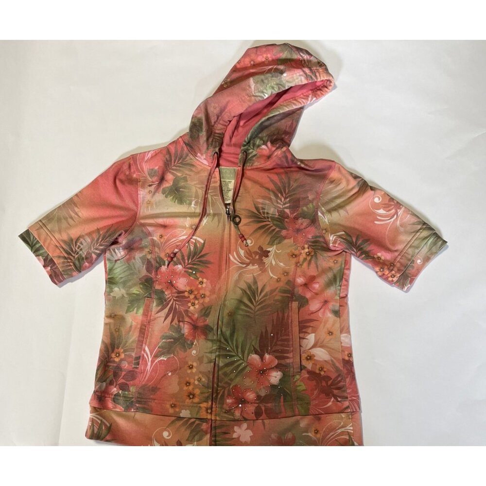 Green Tea Women’s Size L Hoodie Peach Pink Floral Short Sleeves Full Zip Pockets